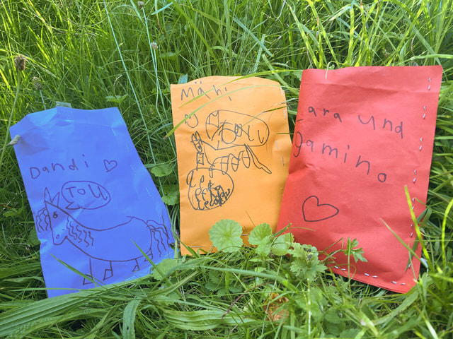 Dankbarkeit eines jungen Klienten, ausgedrückt in Form von gebastelten und geschmückten Futterbeuteln.
